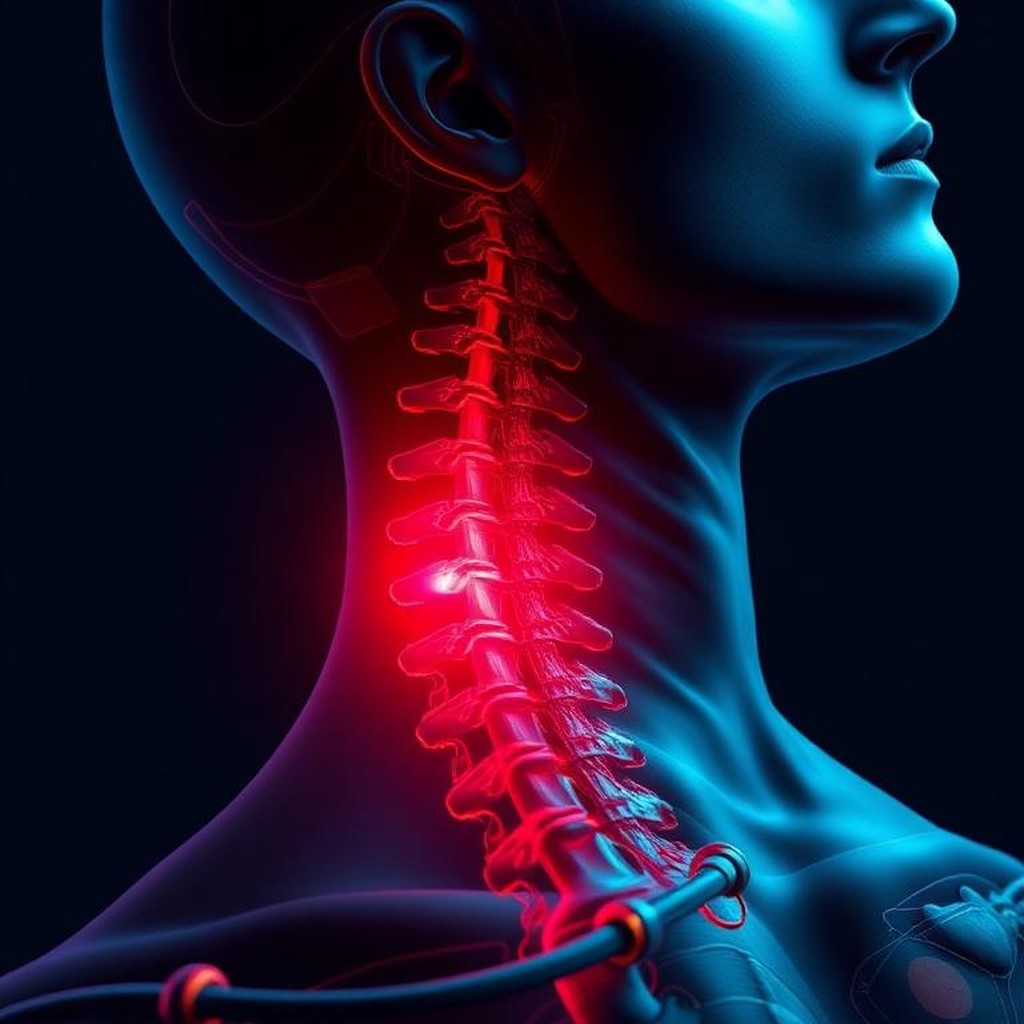 Ilustração médica 3D de cervicalgia — coluna cervical com região dolorida em destaque