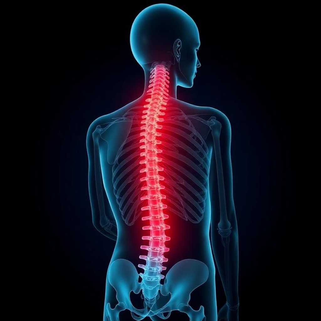 Ilustração médica 3D de escoliose — coluna vertebral com desvio lateral em destaque