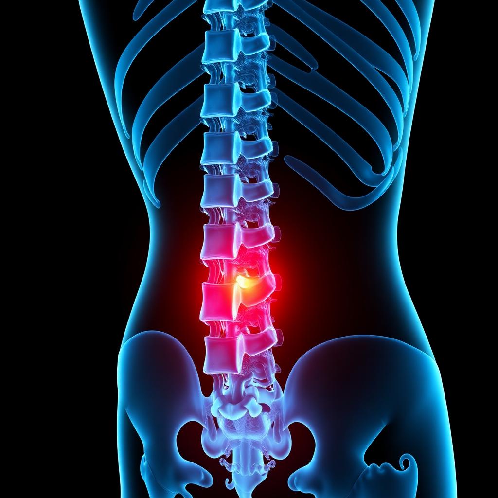Ilustração médica 3D de hérnia de disco — disco intervertebral protruso comprimindo raiz nervosa em destaque