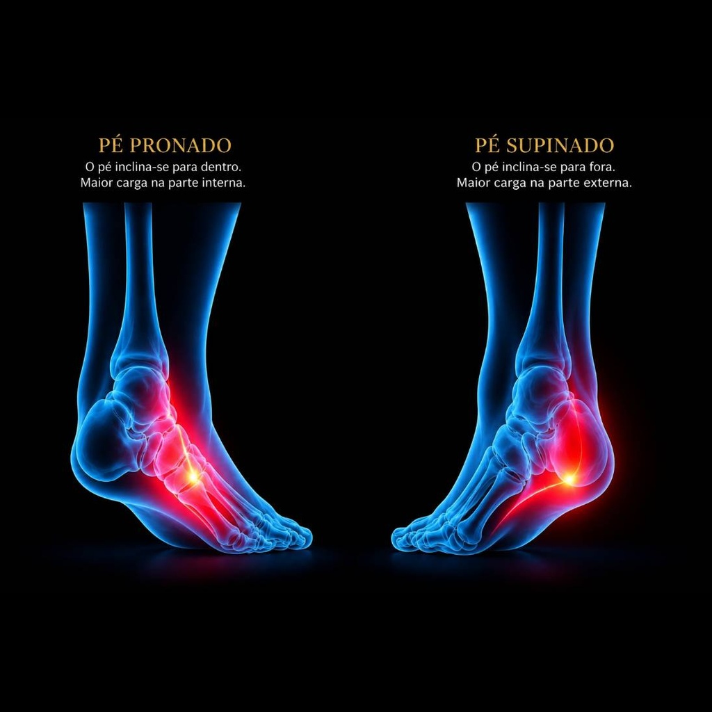 Ilustração médica 3D de pé pronado e supinado — arco plantar e alinhamento do tornozelo em destaque